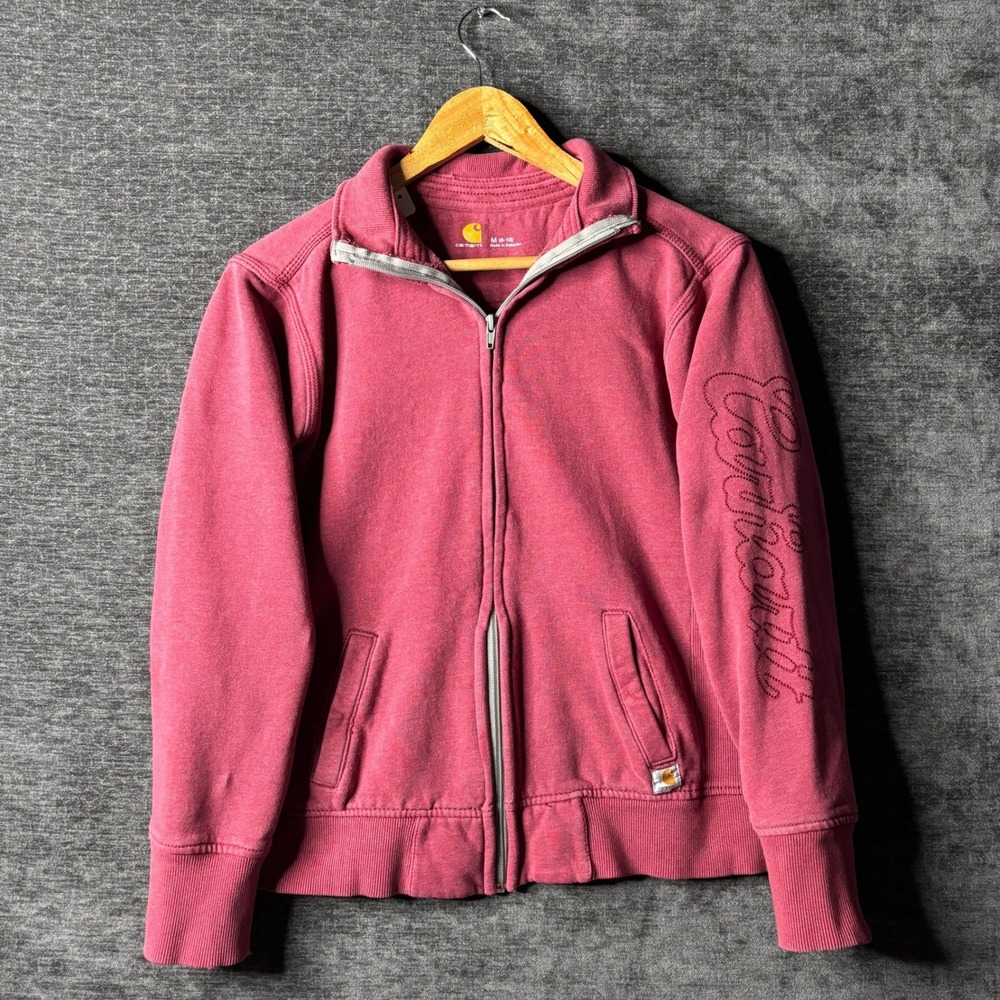 Carhartt Womens M Full Zip Sweatshirt Rose Pink Sleeve Logo Mock Neck Fleece